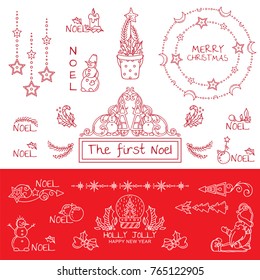 Vector collection of labels, signs, tags for Noel decoration. Caption for Merry Christmas, The first Noel with different lovely winter arts, snowmen, fir tree, snowball, candles, stars, snowflakes 