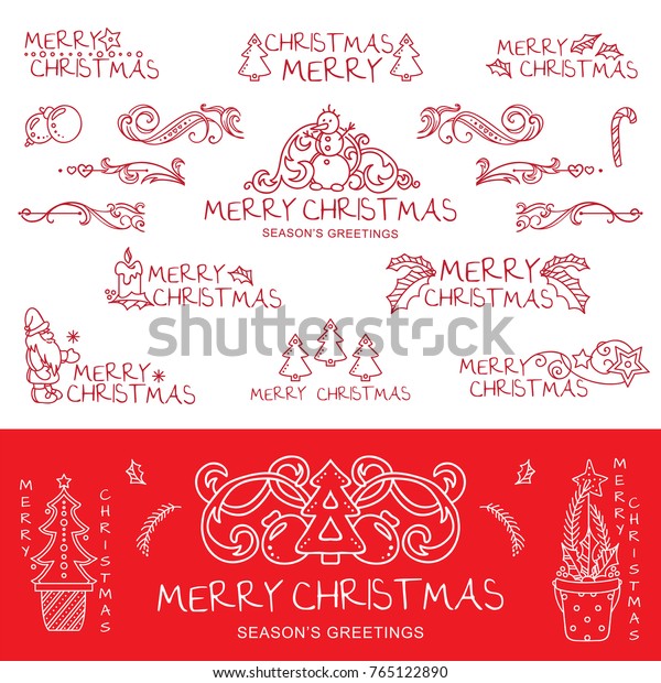 Vector collection of labels, signs, tags for
Christmas decoration. Caption for Merry Christmas with different
lovely winter arts, toys, Santa, fir trees in plant pot, candy
cane, mistletoe leaves