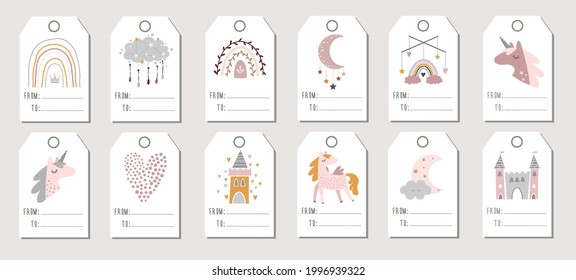 Vector collection of labels with unicorn, castles, cloud, rainbow in pastel colors. Perfect for Valentine's Day, Anniversary, Save the Date, Baby Shower, Birthday Party, Invitations, Gift Wrapping.