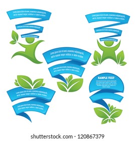 vector collection of leaf frames and stickers, tape, ribbons flags and people