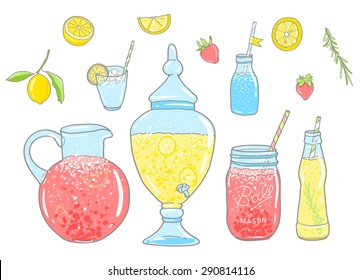Vector collection of lemon and strawberry drinks: lemonade, soda, juice in beautiful bottles, glasses and jars