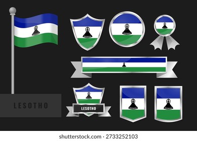 Vector collection of Lesotho national flags and emblems. Includes waving flag, shields, badges, ribbons, banners with blue top and bottom stripes, white middle with black mokorotlo hat symbol of Basotho heritage.