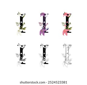 Vector colección de las letras que adorné con diseños florales. El conjunto incluye versiones en color, blanco y negro y contorno, perfectas para crear diseños elegantes, monogramas, Elementos decorativos.
