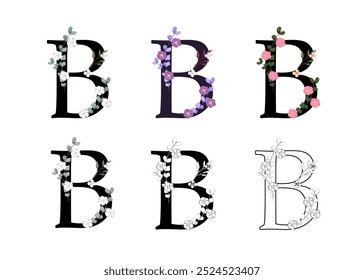 Coleção vetorial das letras B adornadas com desenhos florais. O conjunto inclui versões coloridas, em preto e branco e contornos, perfeitas para criar designs elegantes, monogramas e elementos decorativos.