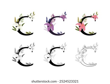 Vector collection of the letters C adorned with floral designs. The set includes colored, black and white, and outline versions, perfect for creating elegant designs, monograms, decorative elements.