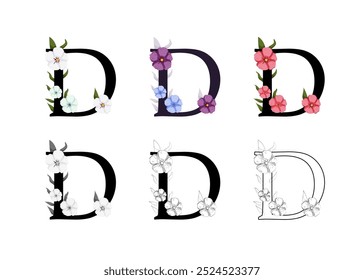 Vector collection of the letters D adorned with floral designs. The set includes colored, black and white, and outline versions, perfect for creating elegant designs, monograms, decorative elements.