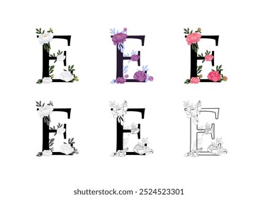 Vector collection of the letters E adorned with floral designs. The set includes colored, black and white, and outline versions, perfect for creating elegant designs, monograms, decorative elements.