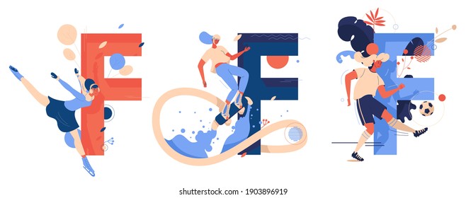 Vector collection with letters F for figure skating, flyboarding and football. Women being active and happy while training activities isolated on white