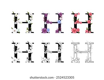 Vector collection of the letters H adorned with floral designs. The set includes colored, black and white, and outline versions, perfect for creating elegant designs, monograms, decorative elements.