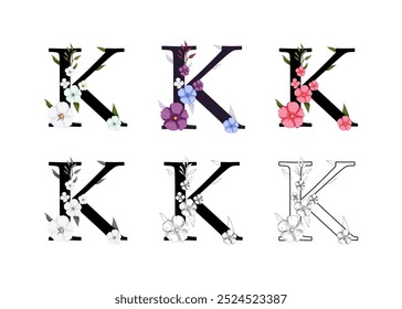 Vector colección de las letras K adornadas con diseños florales. El conjunto incluye versiones en color, blanco y negro y contorno, perfectas para crear diseños elegantes, monogramas, Elementos decorativos.