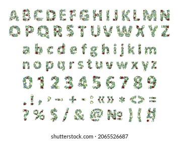 Vector collection of letters, numbers and punctuation marks from flowers and branches. The original floral alphabet. 