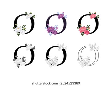 Vector collection of the letters O adorned with floral designs. The set includes colored, black and white, and outline versions, perfect for creating elegant designs, monograms, decorative elements.