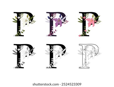 Vector collection of the letters P adorned with floral designs. The set includes colored, black and white, and outline versions, perfect for creating elegant designs, monograms, decorative elements.