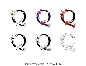 Vector collection of the letters Q adorned with floral designs. The set includes colored, black and white, and outline versions, perfect for creating elegant designs, monograms, decorative elements.