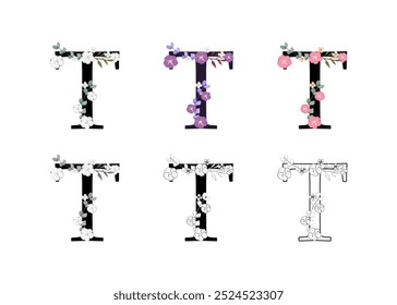 Coleção vetorial das letras T adornadas com desenhos florais. O conjunto inclui versões coloridas, em preto e branco e contornos, perfeitas para criar designs elegantes, monogramas e elementos decorativos.