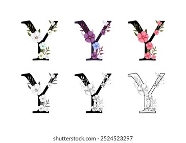 Vector collection of the letters Y adorned with floral designs. The set includes colored, black and white, and outline versions, perfect for creating elegant designs, monograms, decorative elements.