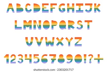 Vector collection of LGBT font in rainbow colors. Pride month alphabet. LGBTQ Letters and numbers. LGBT community text element set. Gay font.