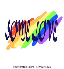 Vector collection of LGBTQ community symbols with pride flags, rainbow colored. Hand written pride, love, peace lettering with rainbow. Gay parade slogan.