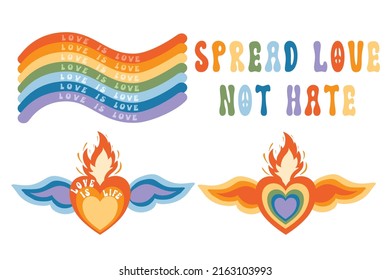 Vector collection of LGBTQ community symbols retro pride vibes with rainbow Pride month hand drawn concept Vector illustration