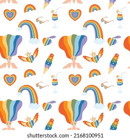 Vector collection of LGBTQ community symbols retro pride vibes with rainbow Pride month hand drawn concept Vector illustration