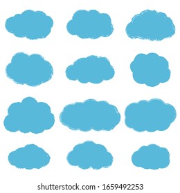 Vector collection of light blue grunge textured clouds isolated on white background. Abstract fluffy clouds with jagged edges painted with an ink brush. Distressed overlay texture. Cartoon cute style