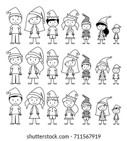 Vector Collection of Line Art Christmas or Holiday Themed Stick Figures or Stick Figure Family