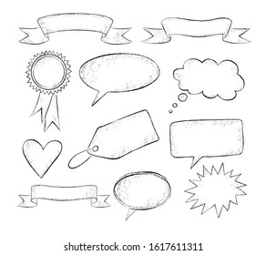 Vector collection of line art of grunge hand drawn speech bubbles and ribbon banners isolated on white background.