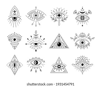 Vector collection line art mystic eyes tattoo. Set of providence sight witchcraft symbol. Evil eye amulet geometric ornament. Esoteric sign. Boho design. Sacred geometry, occultism, mystical.