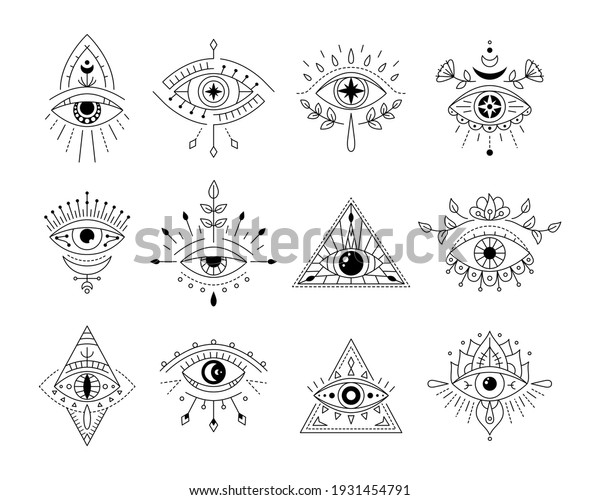 Vector collection line art mystic eyes tattoo.\
Set of providence sight witchcraft symbol. Evil eye amulet\
geometric ornament. Esoteric sign. Boho design. Sacred geometry,\
occultism, mystical.
