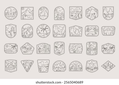 Vector collection of line art scenery and nature badges with mountains, forests, and travel themes