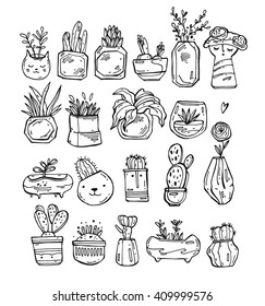 Vector collection of  line cactus and plants  in hand drawn style. Green plant, flower and nature,  floral and exotic, wild botany tropical illustration.