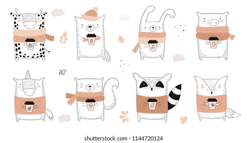 Vector collection of line drawing autumn animals in sweater and scarf. Set of doodle illustrations. Thanksgiving day, Valentine's, anniversary, baby shower, birthday, children's party, autumn holidays