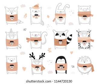 Vector collection of line drawing autumn animals in sweater and scarf. Set of doodle illustrations. Thanksgiving day, Valentine's, anniversary, baby shower, birthday, children's party, autumn holidays