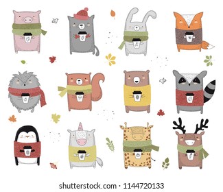 Vector collection of line drawing autumn animals in sweater and scarf. Set of doodle illustrations. Thanksgiving day, Valentine's, anniversary, baby shower, birthday, children's party, autumn holidays