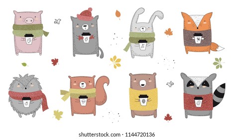 Vector collection of line drawing autumn animals in sweater and scarf. Set of doodle illustrations. Thanksgiving day, Valentine's, anniversary, baby shower, birthday, children's party, autumn holidays