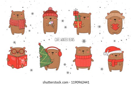 Vector collection of line drawing cute winter bears in cozy clothes. Doodle illustration. Winter holidays, baby shower, birthday, children's party
