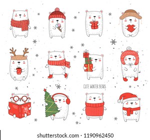 Vector collection of line drawing cute winter bears in cozy clothes. Doodle illustration. Winter holidays, baby shower, birthday, children's party
