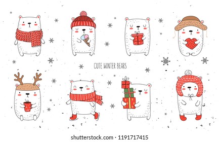 Vector collection of line drawing cute winter bears in cozy clothes. Doodle illustration. Winter holidays, baby shower, birthday, children's party
