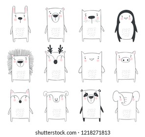 Vector collection of line drawing cute winter animals in cozy clothes. Doodle illustration. Winter holidays, baby shower, birthday, children's party