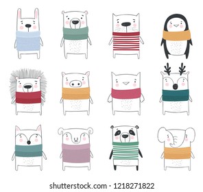 Vector collection of line drawing cute winter animals in cozy clothes. Doodle illustration. Winter holidays, baby shower, birthday, children's party