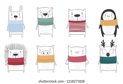 Vector collection of line drawing cute winter animals in cozy clothes. Doodle illustration. Winter holidays, baby shower, birthday, children's party
