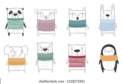 Vector collection of line drawing cute winter animals in cozy clothes. Doodle illustration. Winter holidays, baby shower, birthday, children's party
