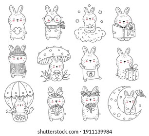 Vector collection of line drawing cute rabbits. Doodle illustration. Easter, baby shower, birthday, children's party, greeting cards, nursery decoration