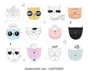 Vector collection of line drawing hipster cats. Doodle illustration. Friendship day, Valentine's, anniversary, birthday, children's or teenager party, notebook stickers