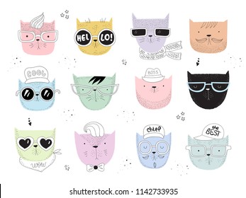 Vector collection of line drawing hipster cats. Doodle illustration. Friendship day, Valentine's, anniversary, birthday, children's or teenager party, notebook stickers