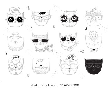 Vector collection of line drawing hipster cats. Doodle illustration. Friendship day, Valentine's, anniversary, birthday, children's or teenager party, notebook stickers