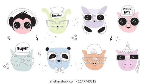 Vector collection of line drawing hipster animals. Doodle illustration. 