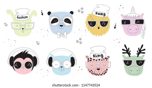 Vector collection of line drawing hipster animals. Doodle illustration. 