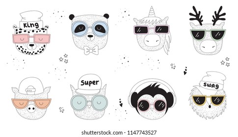 Vector collection of line drawing hipster animals. Doodle illustration. 