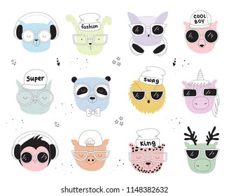 Vector collection of line drawing hipster animals. Doodle illustration. Friendship day, Valentine's, anniversary, birthday, children's or teenager party, notebook decoration